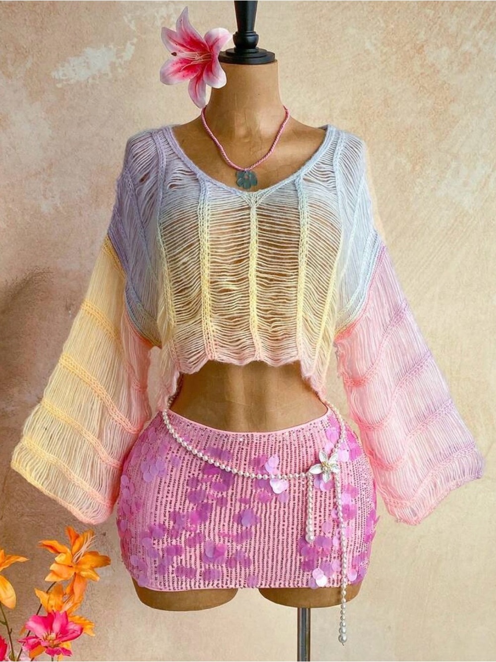 Sheer Rainbow Knit Crop Top in Pastel Pink